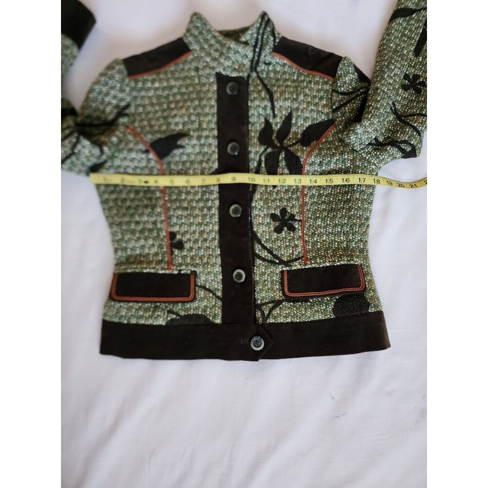 Otti Zen High Neck Button Front Faux Pockets Tweed Jacket Green/Black Small - Picture 9 of 12